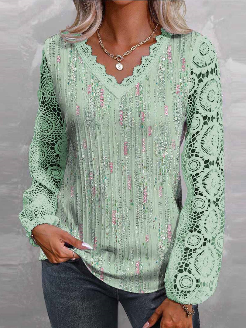 Women Long Sleeve V-neck Solid Lace Printed Polka Dot Tops
