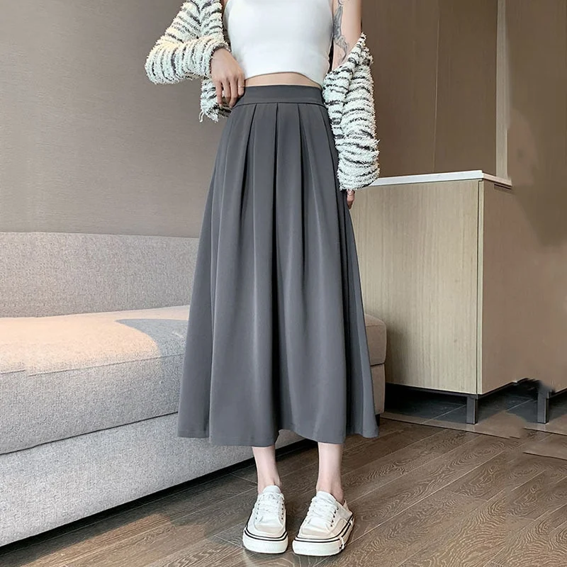 Cartoonh Korean High Waist Pleated Skirts Women 2023 Spring Summer A Line Long Skirt Woman College Style Solid Casual Midi Skirt