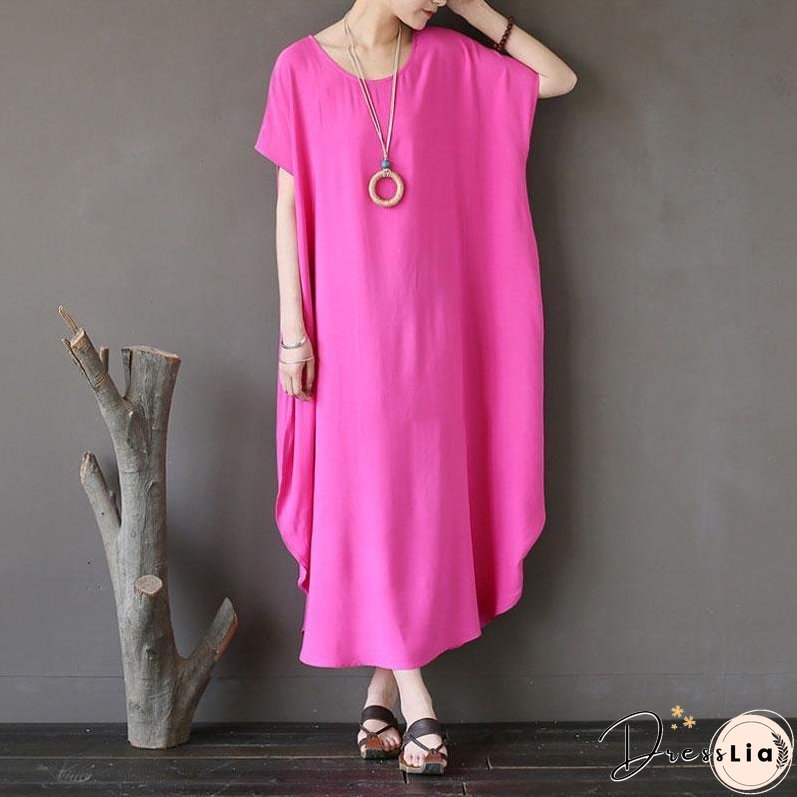 Women Cotton Short Sleeve Plain Pink Loose Dress