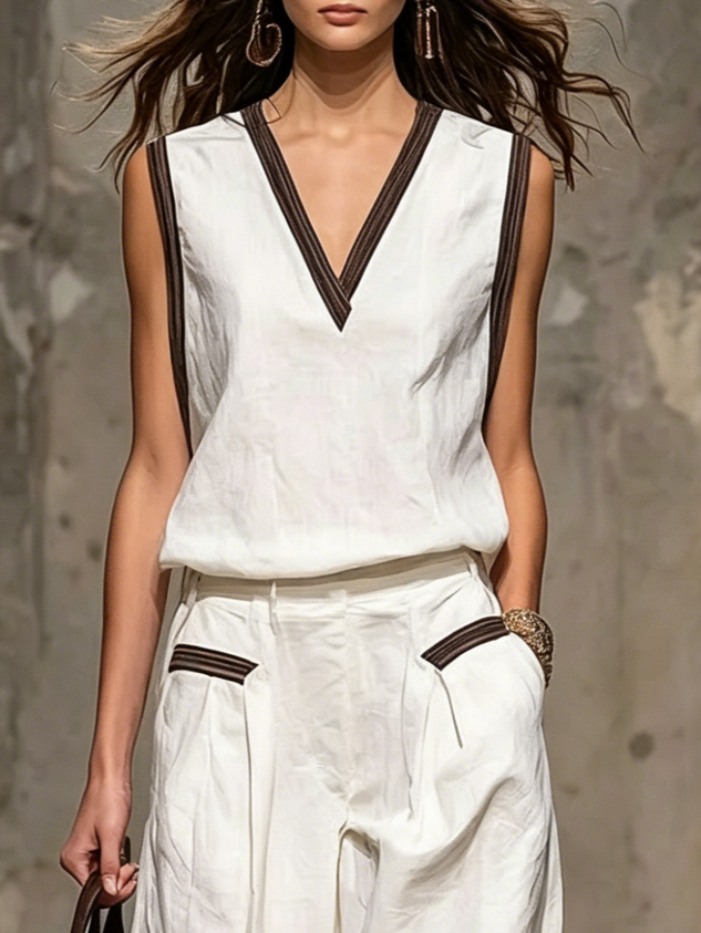 Cotton And Linen Urban Plain V Neck Blouse mysite idetrend
