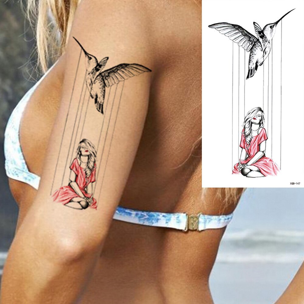 Waterproof Temporary Tattoo Sticker Girl Bird Flowers Flash Tattoos Flowers Rose Lotus Body Art Arm Fake Sleeve Tatoo Women