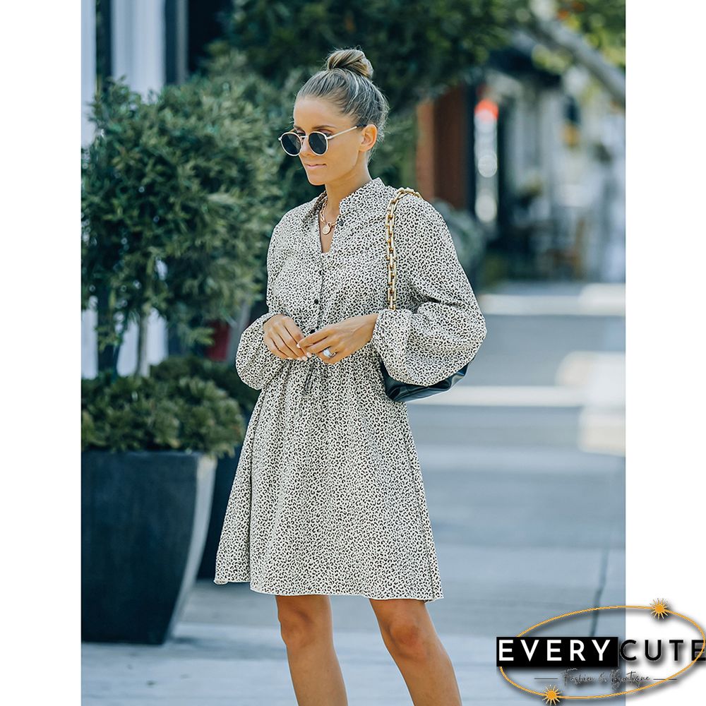 White V Neck Lace-up Chiffon Long Sleeve Mini Dress