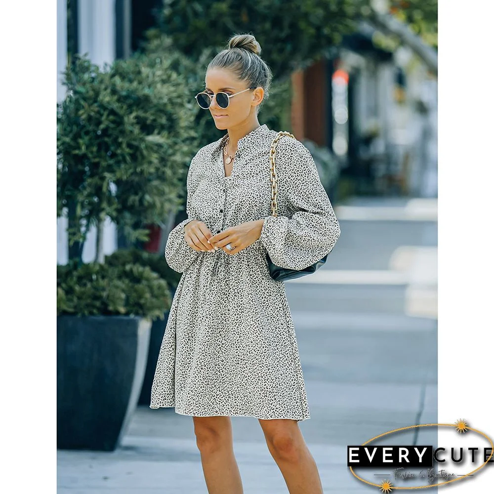 White V Neck Lace-up Chiffon Long Sleeve Mini Dress