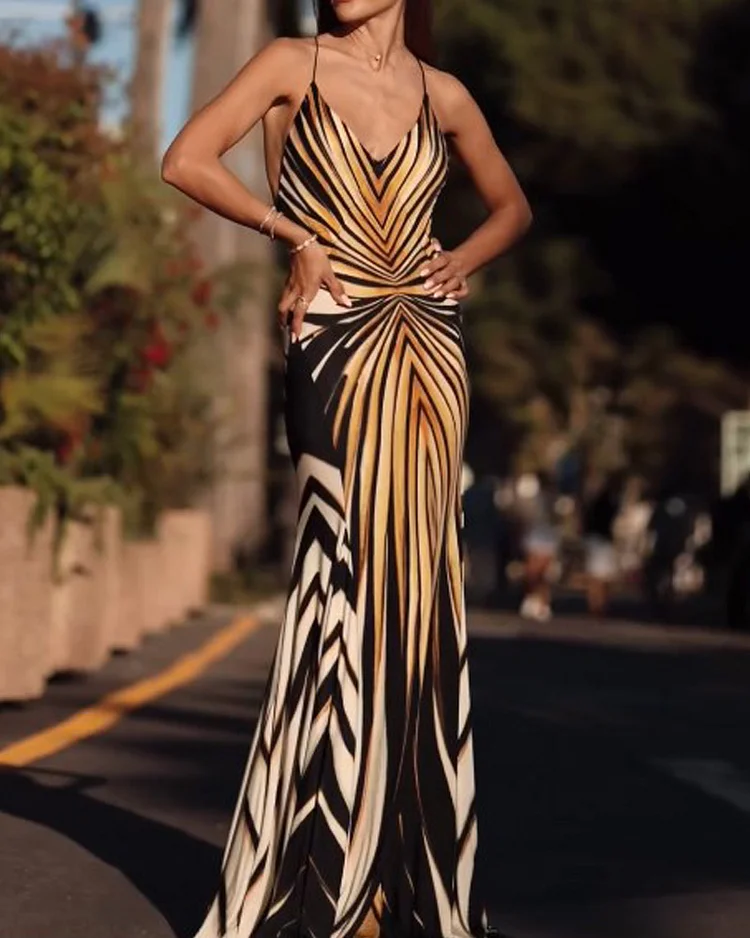 Elegant multi-color printed solid color suspender dress