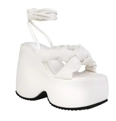 VCSHOES Hot Pink Green Leather Cross Tied Thick Sole Platform Wedge Sandals Ladies Bow Tie Ankle Wrap High Heel Leisure Shoes