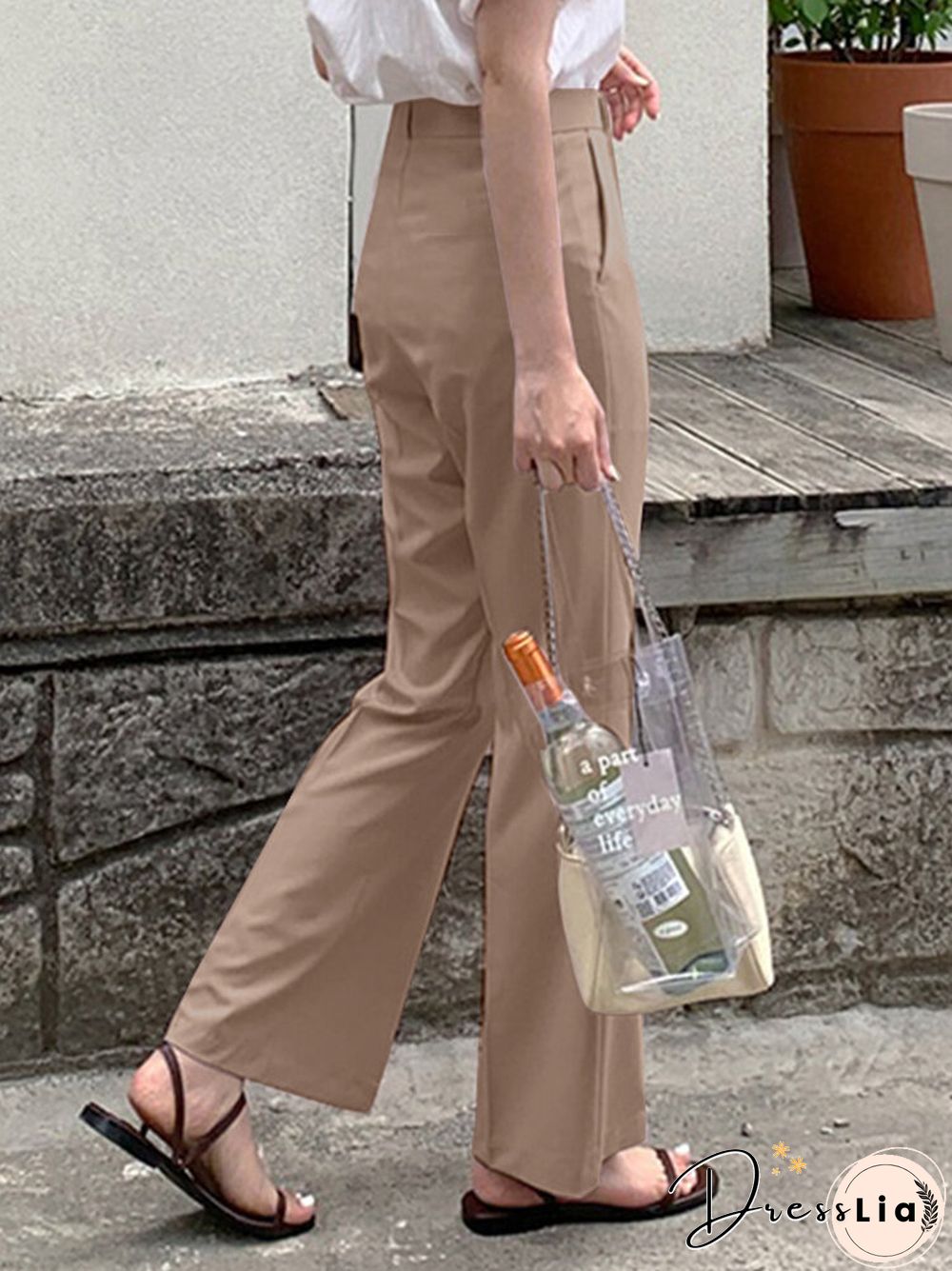 Solid Pocket Zip Front Tailored Pants For Women