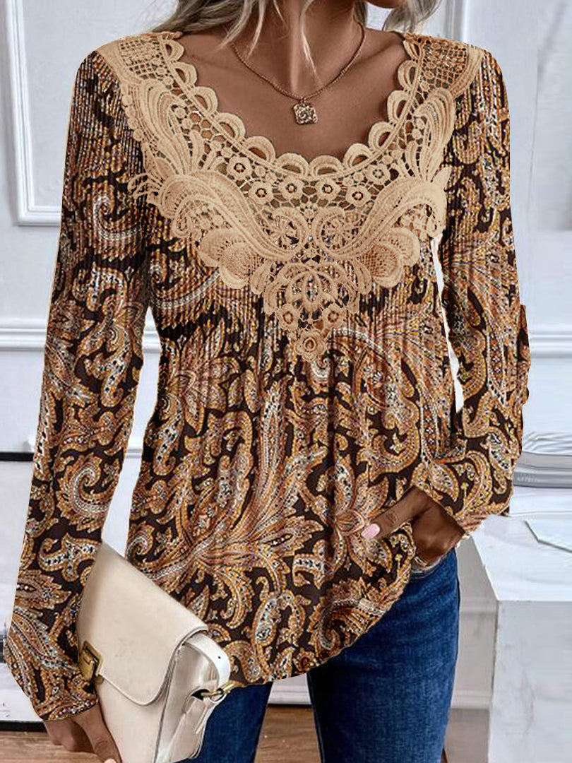 Women's Long Sleeve Scoop Neck Graphic Lace Floral Printed Top