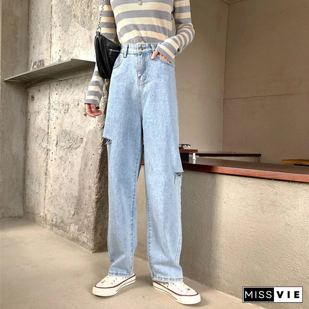 Woman Jeans Ripped High Waist Clothes Wide Leg Denim Clothing Streetwear Vintage Quality Fashion Harajuku Straight Pants