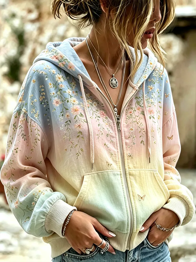 Comstylish Women's Vintage Pink Small Floral Art Print Gradient Zip-up Hoodie