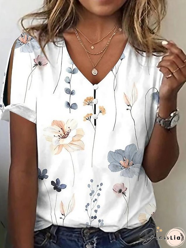 Women's T Shirt Tee White Blue Light Blue Floral Button Cut Out Short Sleeve Holiday Weekend Basic Round Neck Regular