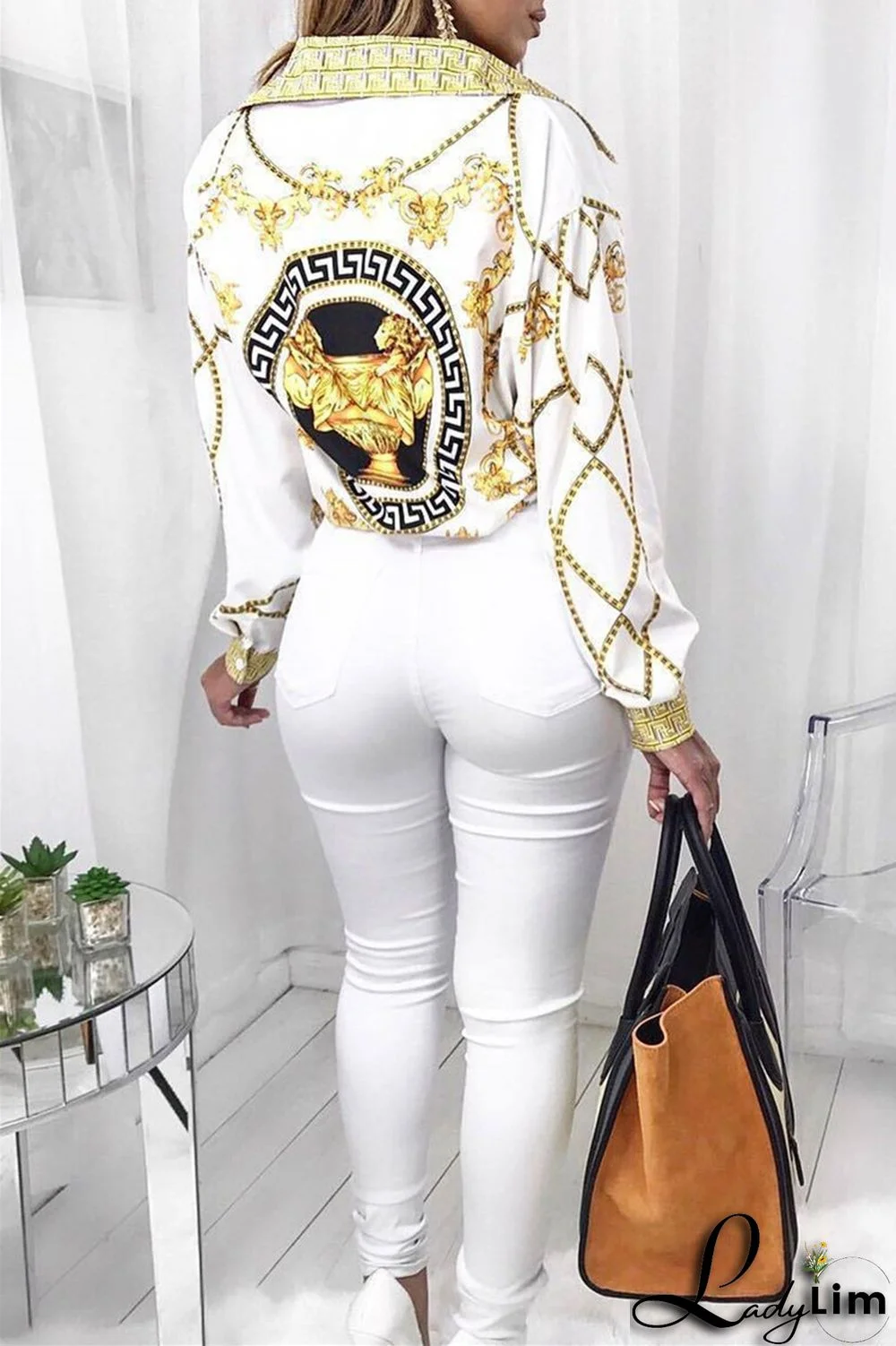 Black Fashion Casual Print Basic Turndown Collar Tops