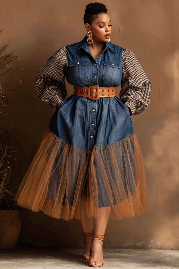Xpluswear Design Plus Size Business Casual Blue Plaid Shirt Collar Lantern Sleeve Long Sleeve Pocket Casual Contrast Tulle Tencel Denim Midi Dresses [Pre-Order]