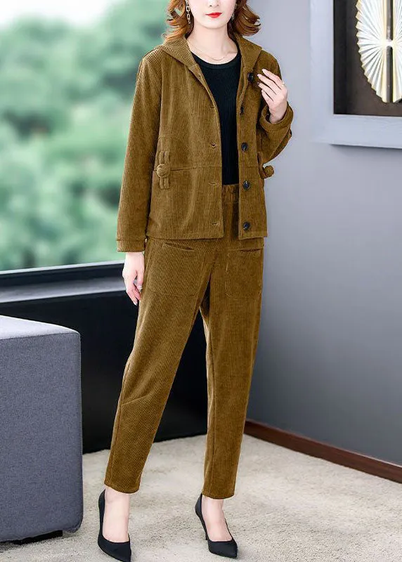 Coffee Thick Corduroy Coats And Harem Pants Two Pieces Set Hooded Winter