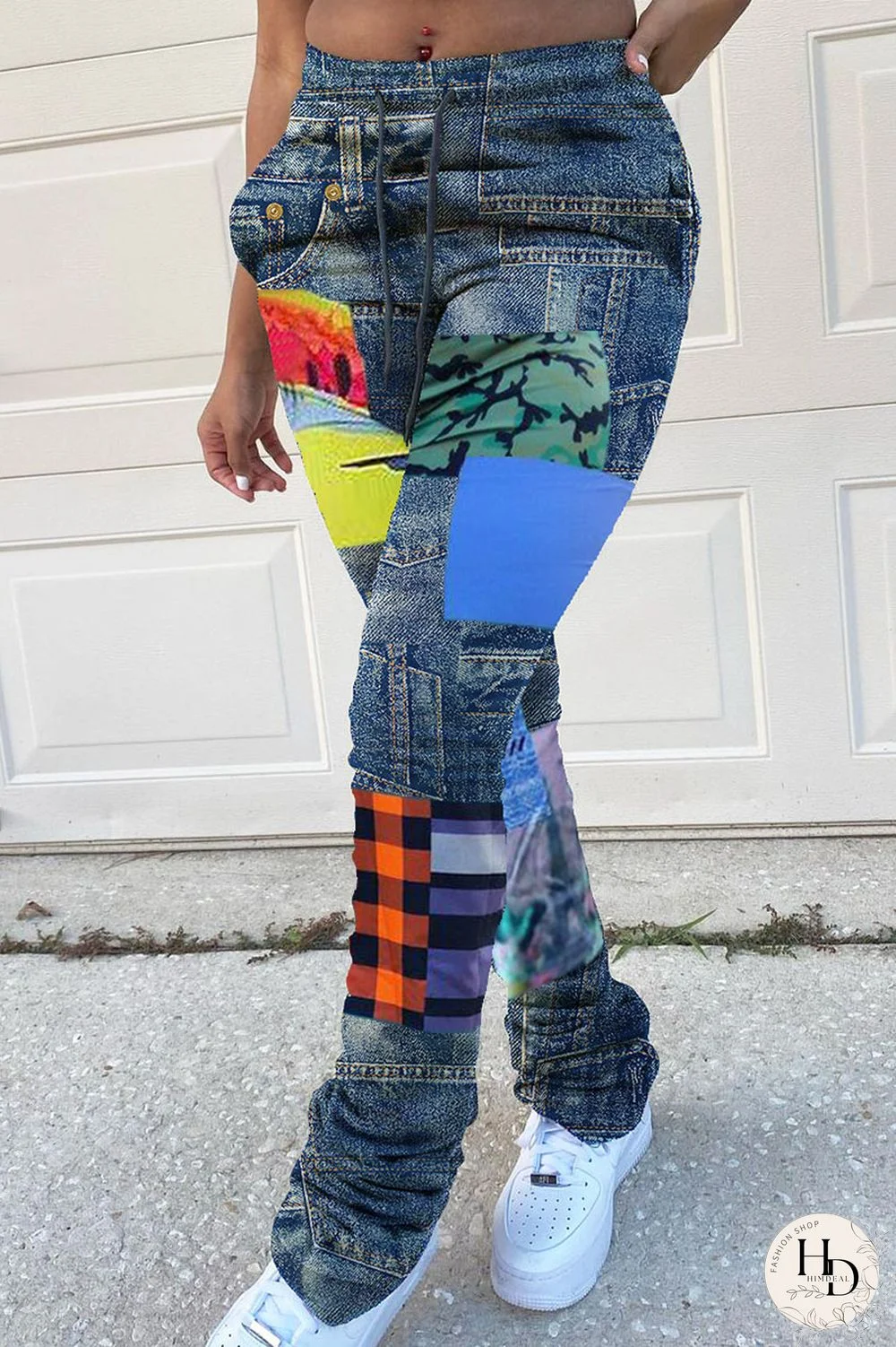 Blue Casual Print Regular Mid Waist Speaker Bottoms