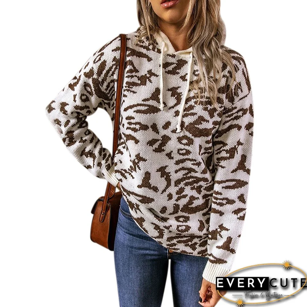 Apricot Leopard Print Knit Drawstring Hoodie