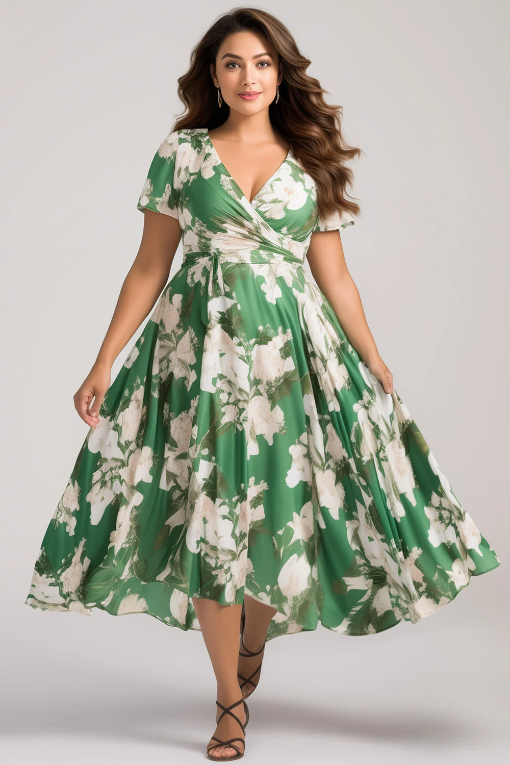Flycurvy Plus Size Vacation Green Chiffon Floral Print Wrap Midi Dress