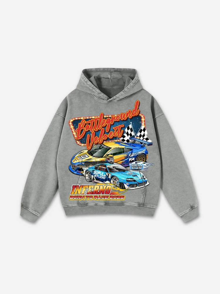 Racing Battleground Print Washed Hoodie