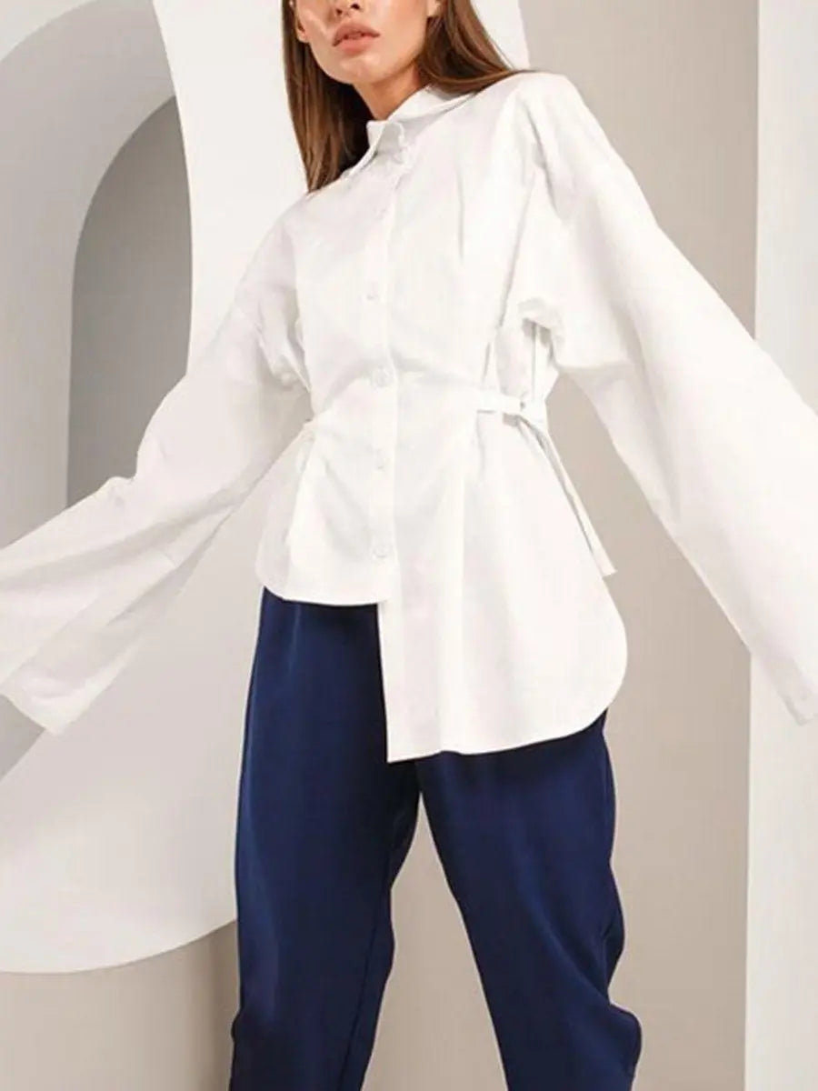 Turndown Collar Flounce Sleeve Irregular Blouses