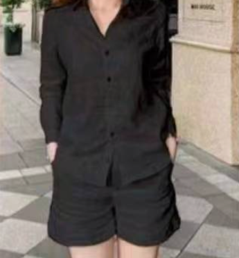 Smartknowed 2025 Spring Summer New Linen Shorts Two Piece Set Women Solid Color Long Sleeve Shirt Short Sets Casual Women's Office Outfits