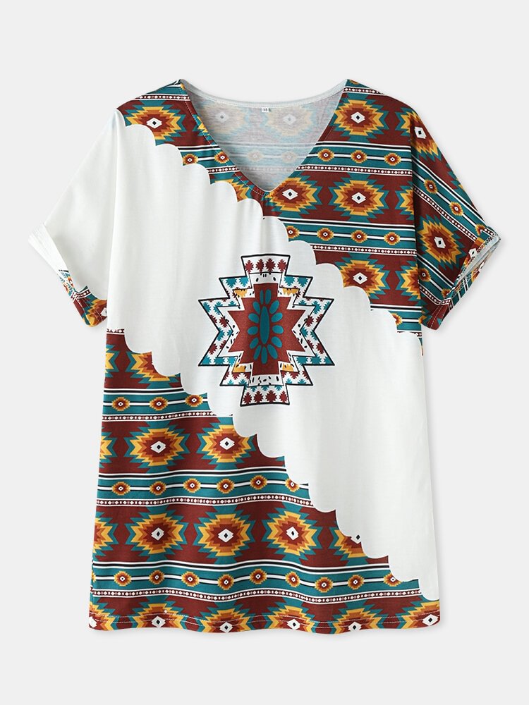 Vintage Ethnic Pattern Geometric Print V neck Short Sleeve T shirt P1854340