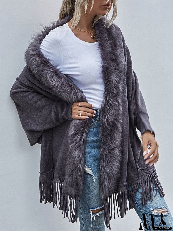MidiSono - Elegant Lady Fur Collar Tassel Design Batwing Sleeve Cardigan Shawl Sweaters