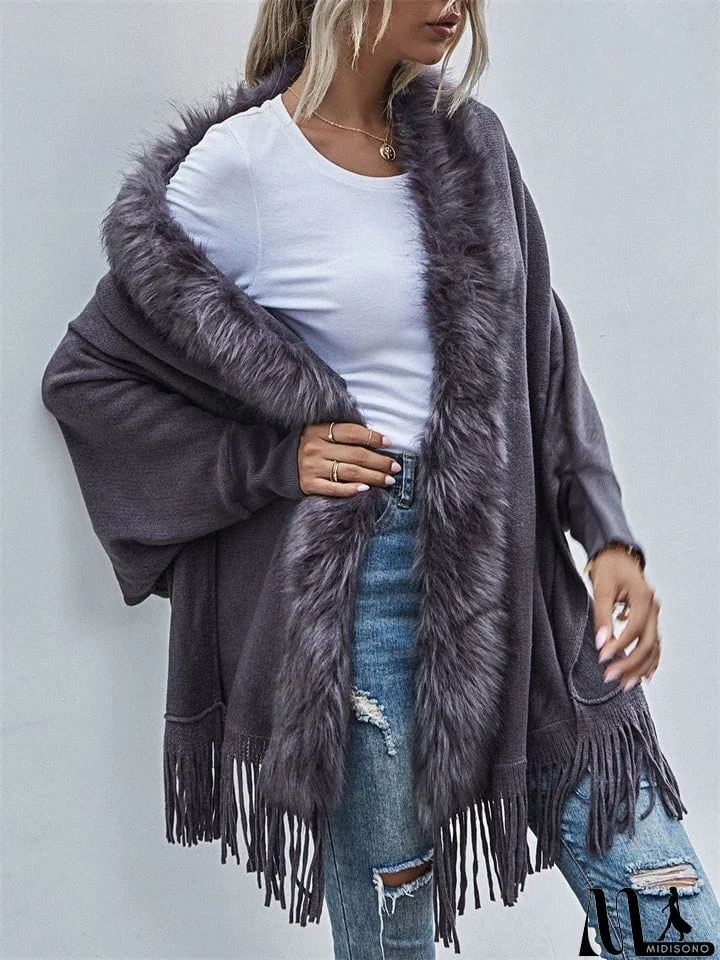 MidiSono - Elegant Lady Fur Collar Tassel Design Batwing Sleeve Cardigan Shawl Sweaters