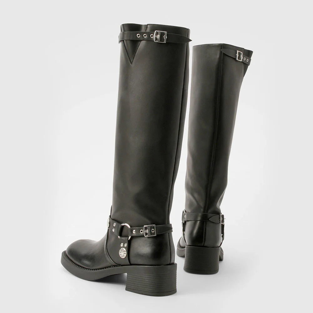 Black Square Toe Buckle Grommet Decorative Studded Knee High Boots