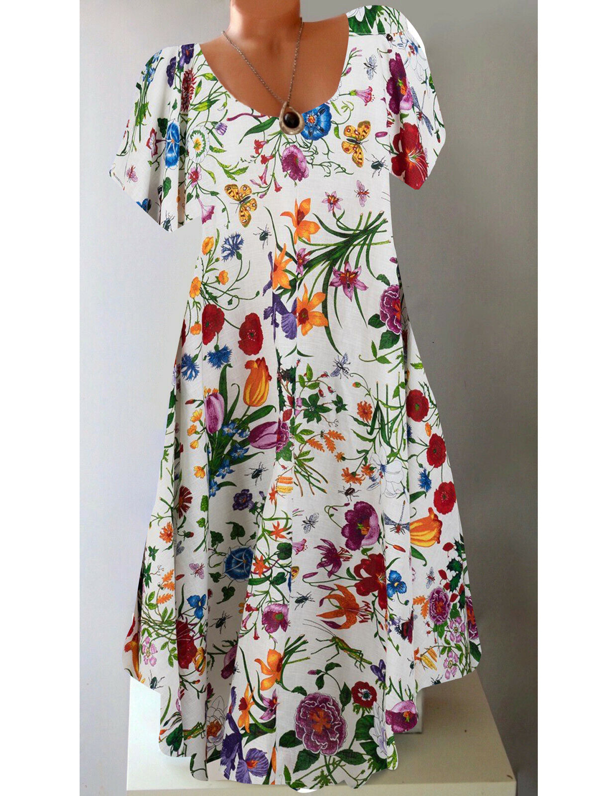Women's V-Neck Short Sleeve Flower Printed Dress