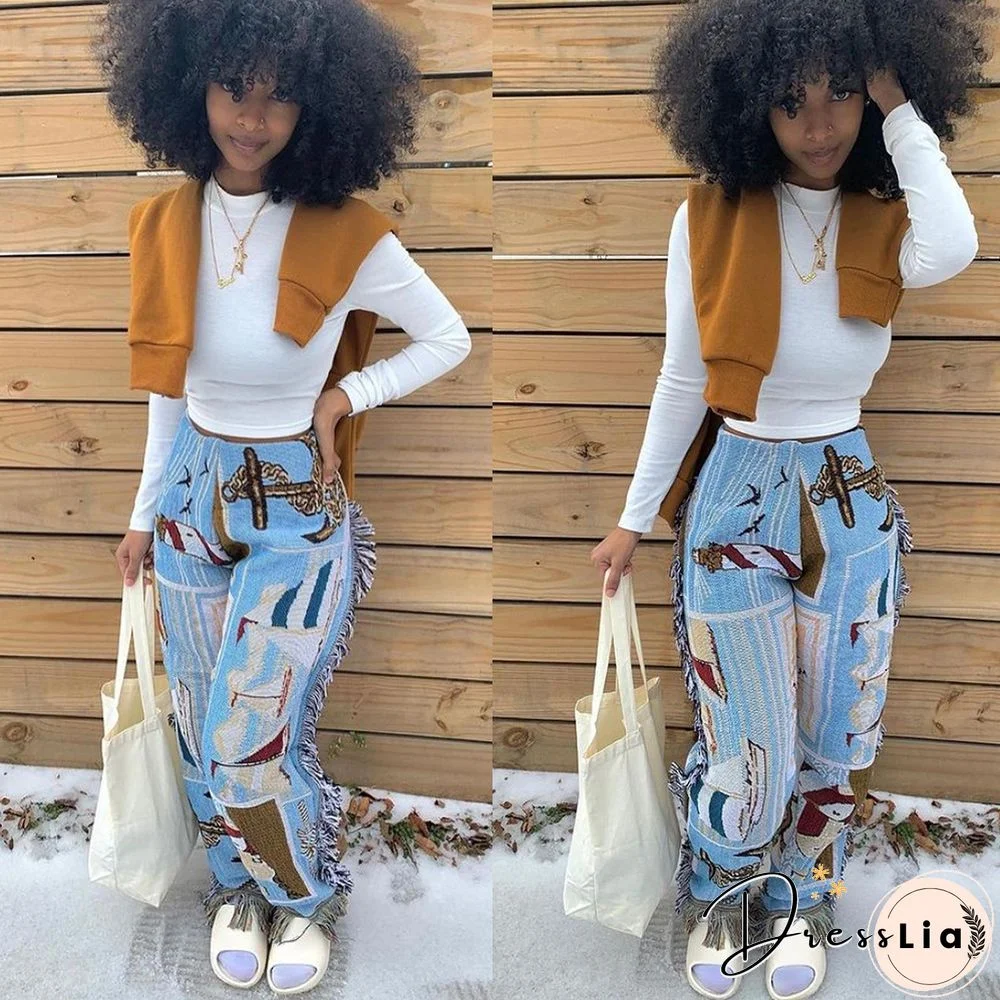 Side Tassels Patchwork Elastic Waist Women Print Jogger Pant