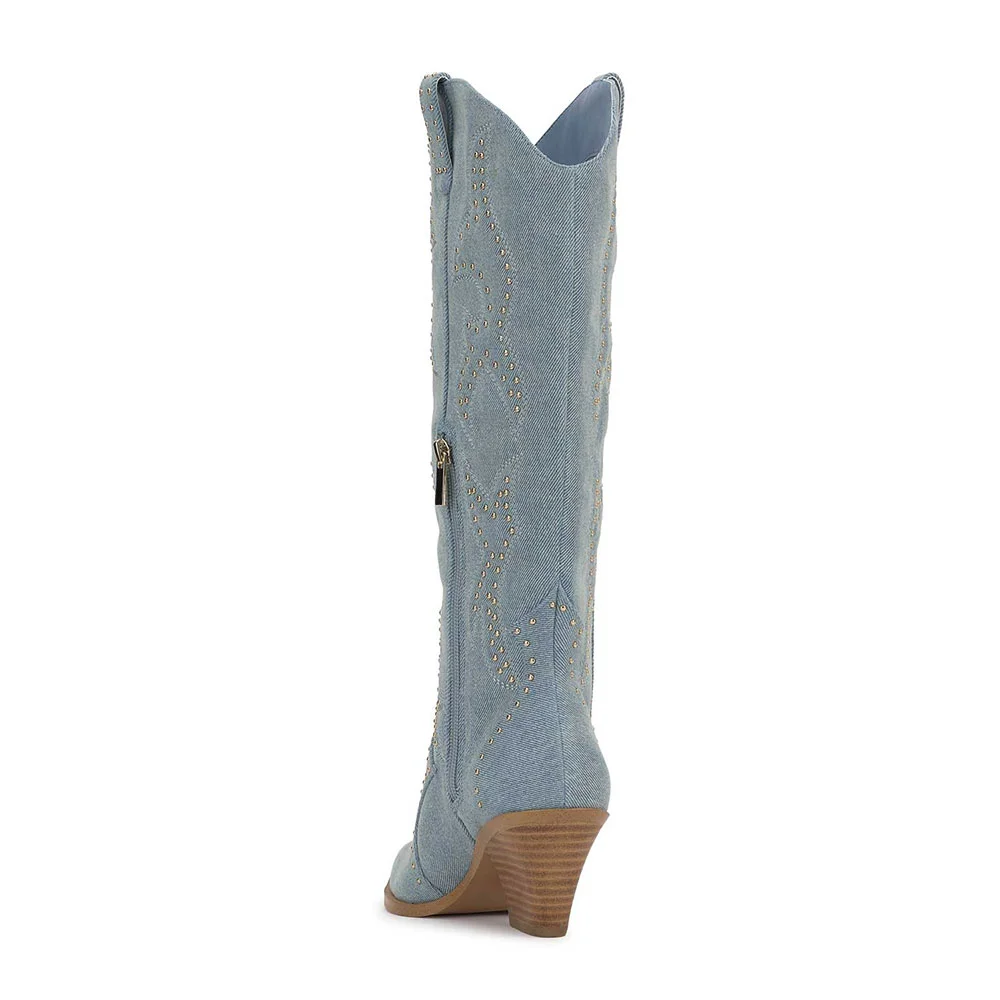 Blue Studded Embroidered Patchwork Pointed Toe Denim Cowboy Boots