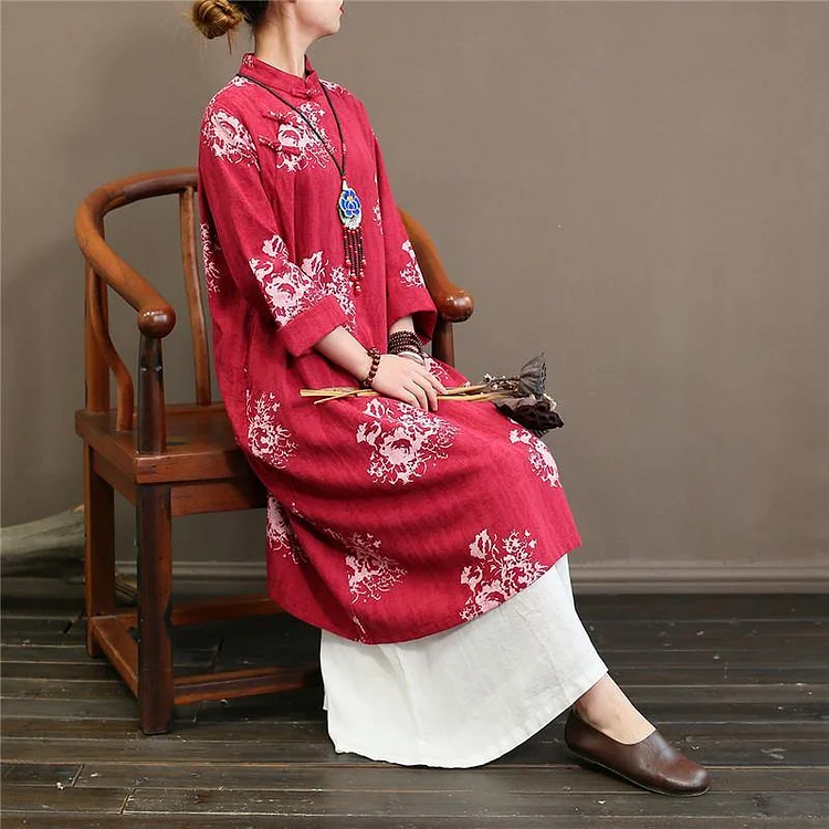 Natural Chinese Button cotton stand collardresses Wardrobes red prints cotton Dress