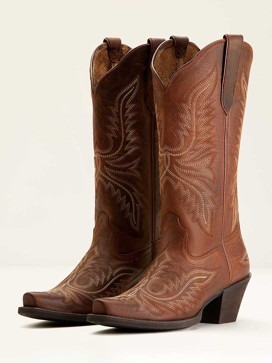 Brown Snip Toe Chunky Heels Embellished Western Boots for Women