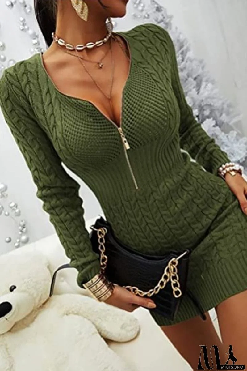 MidiSono - Zipper V Neck Bodycon Sweater Dress