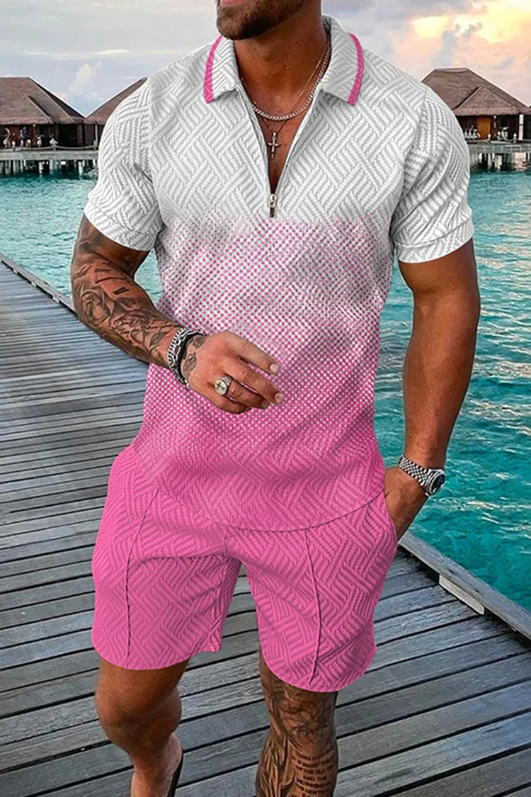 Tiboyz Fashion Gradient Men's Casual Short Sleeve Polo And Shorts Set