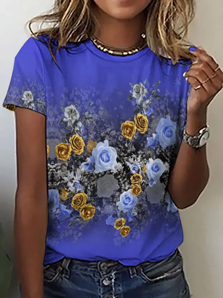 Printed Short Sleeve Casual T-shirt for  Women and Men Unisex Pattern Floral, Blue