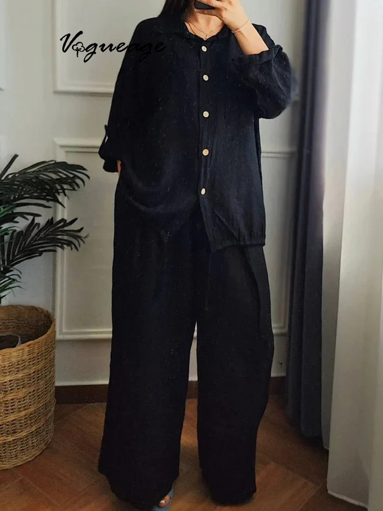 Casual Loose Solid Color Shirt Buttoned Wide-Leg Pants Cotton And Linen Two-Piece Suit