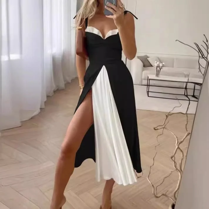 Sleeveless Long Pleated Dress with Color Block for Women 