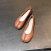 Split toe shoes for women wearing flat bottomed ballet shoes, genuine leather shallow mouth sheep's hooves single shoes