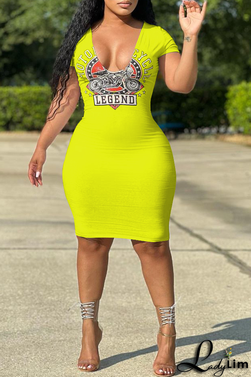 Tangerine Red Fashion Print Patchwork V Neck Pencil Skirt Dresses
