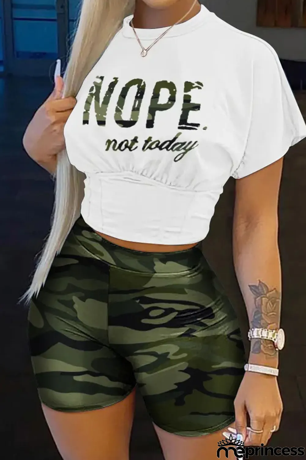 Deep Blue Casual Print Patchwork O Neck Short Sleeve Two Pieces