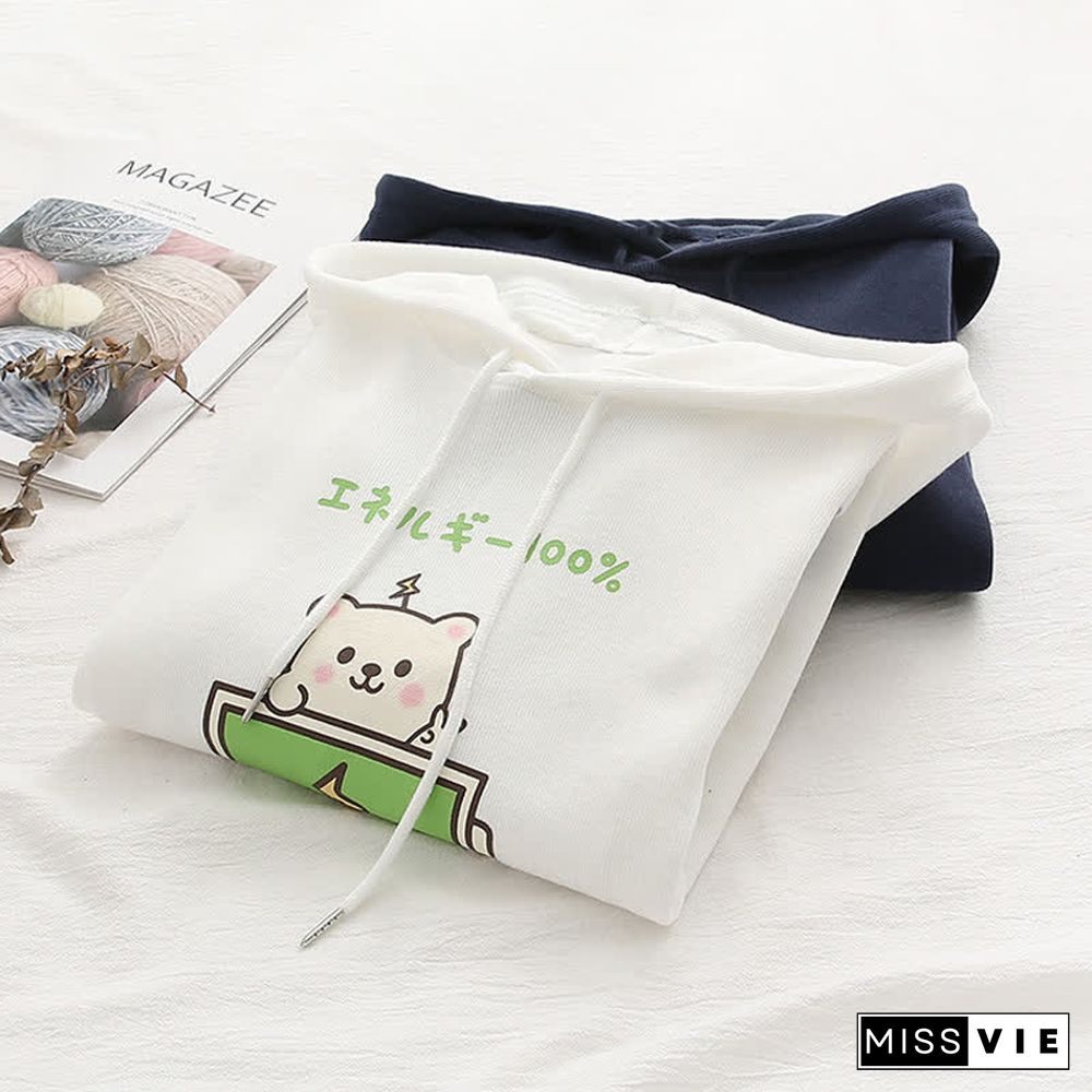 Cartoon Bear Charge Print Plaid Sleeve Hoodie