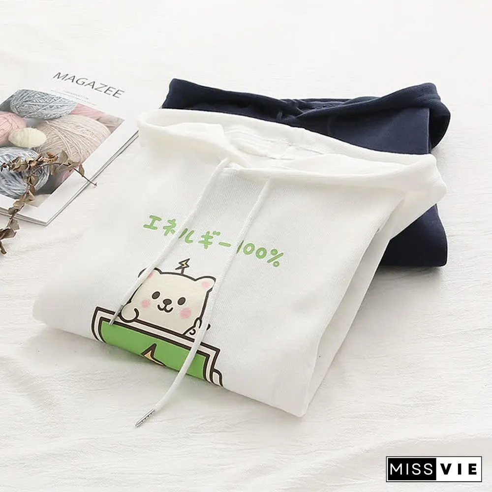 Cartoon Bear Charge Print Plaid Sleeve Hoodie