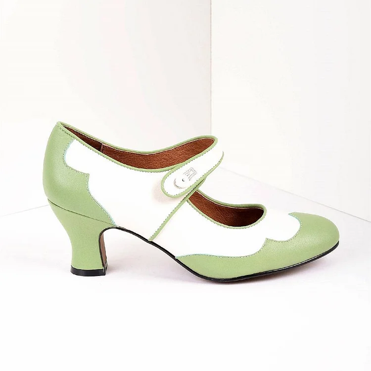 Vintage Style Green and White Mary Jane Chunky Heel Pumps Vdcoo