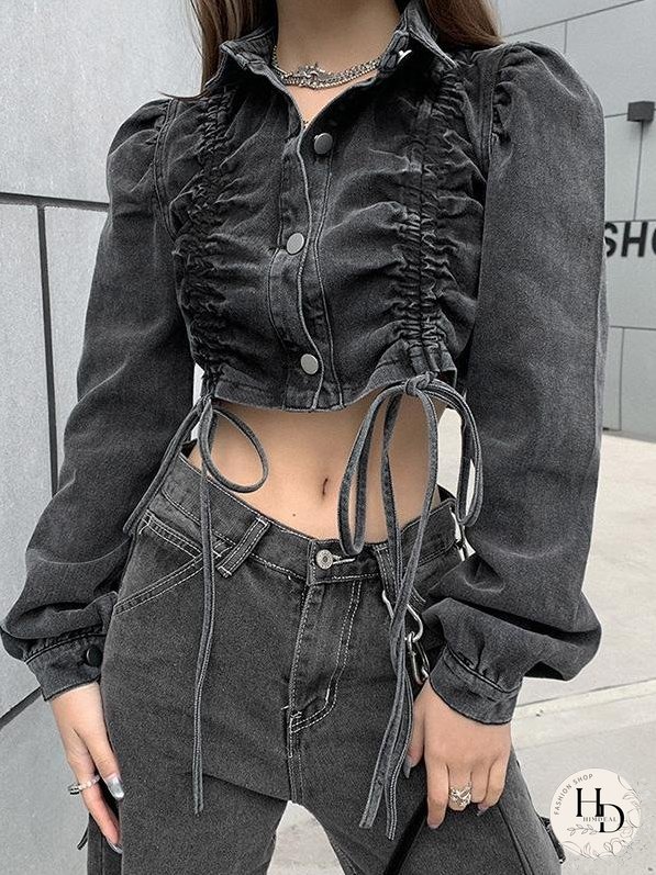 Coats Long Sleeve Lapel Short Cropped Denim Single-Breasted Coat for Women