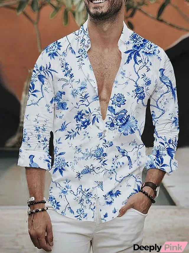 Men Casual Loose Plum Ink Pattern Long Sleeve Shirt