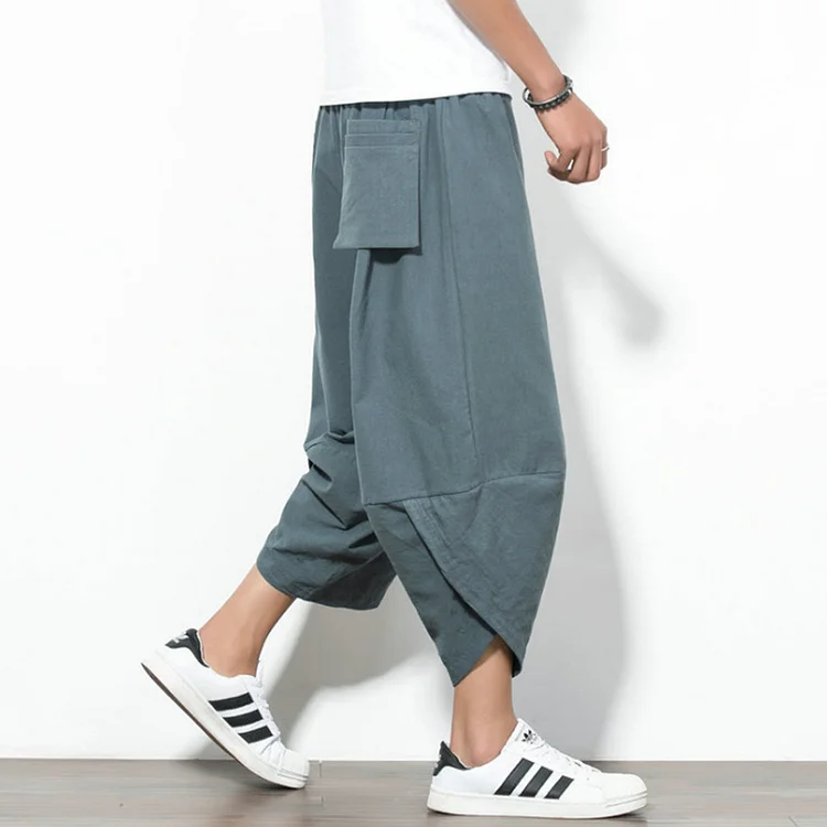 Men's Vintage Japanese Irregular Pocket Loose Cotton Linen Casual Pants
