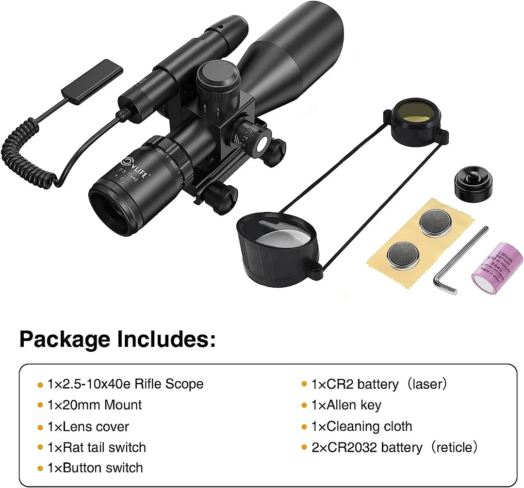 ohhunt® 2.5-10x40e Red & Green Illuminated Rifle Scope Mil-dot Gun Scope Green Laser Combo with Pressure Switch