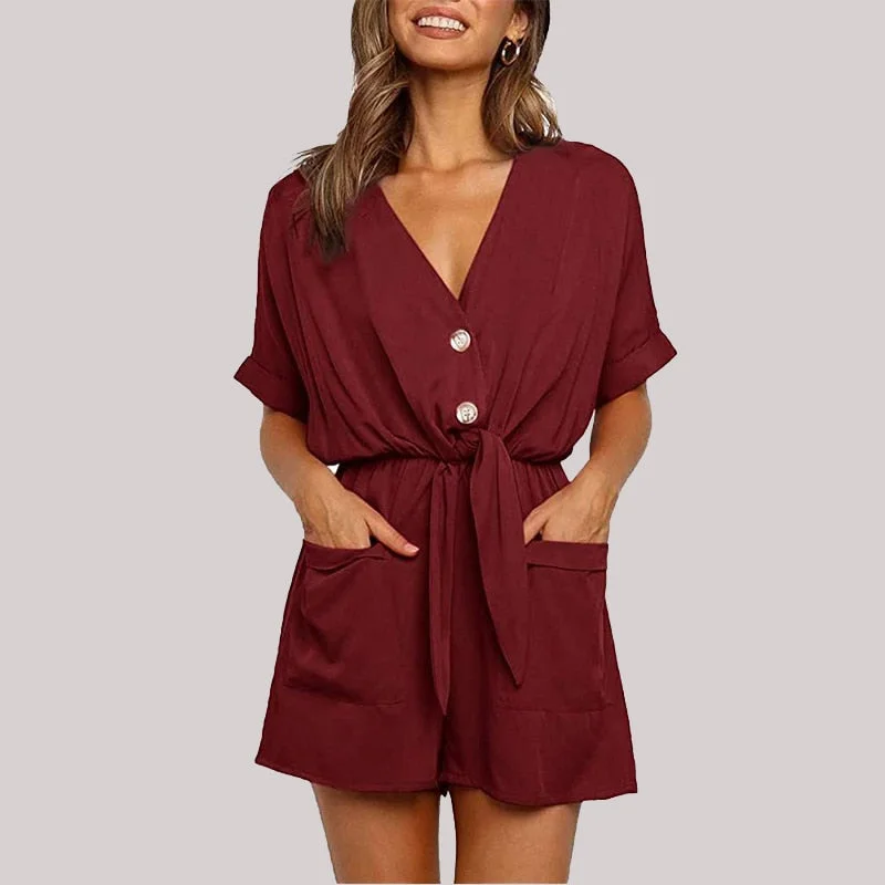 Women Summer Casual Buttons Jumpsuits 2021 Fashion Solid Pockets Jumpsuit With Belt V-Neck Short Sleeve Female Rompers Playsuit