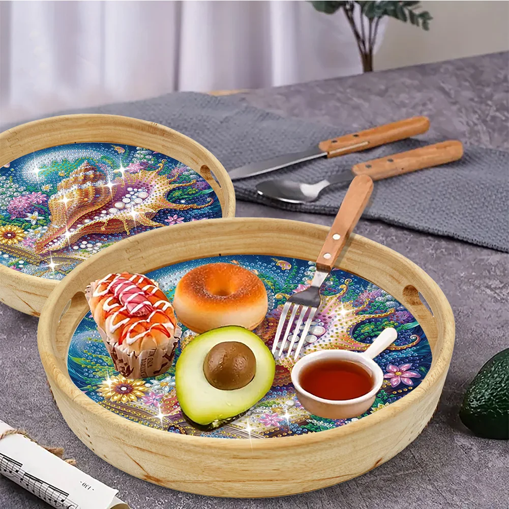 DIY Conch Shells Wooden Diamond Food Dinner Plate with Handle for Coffee Table