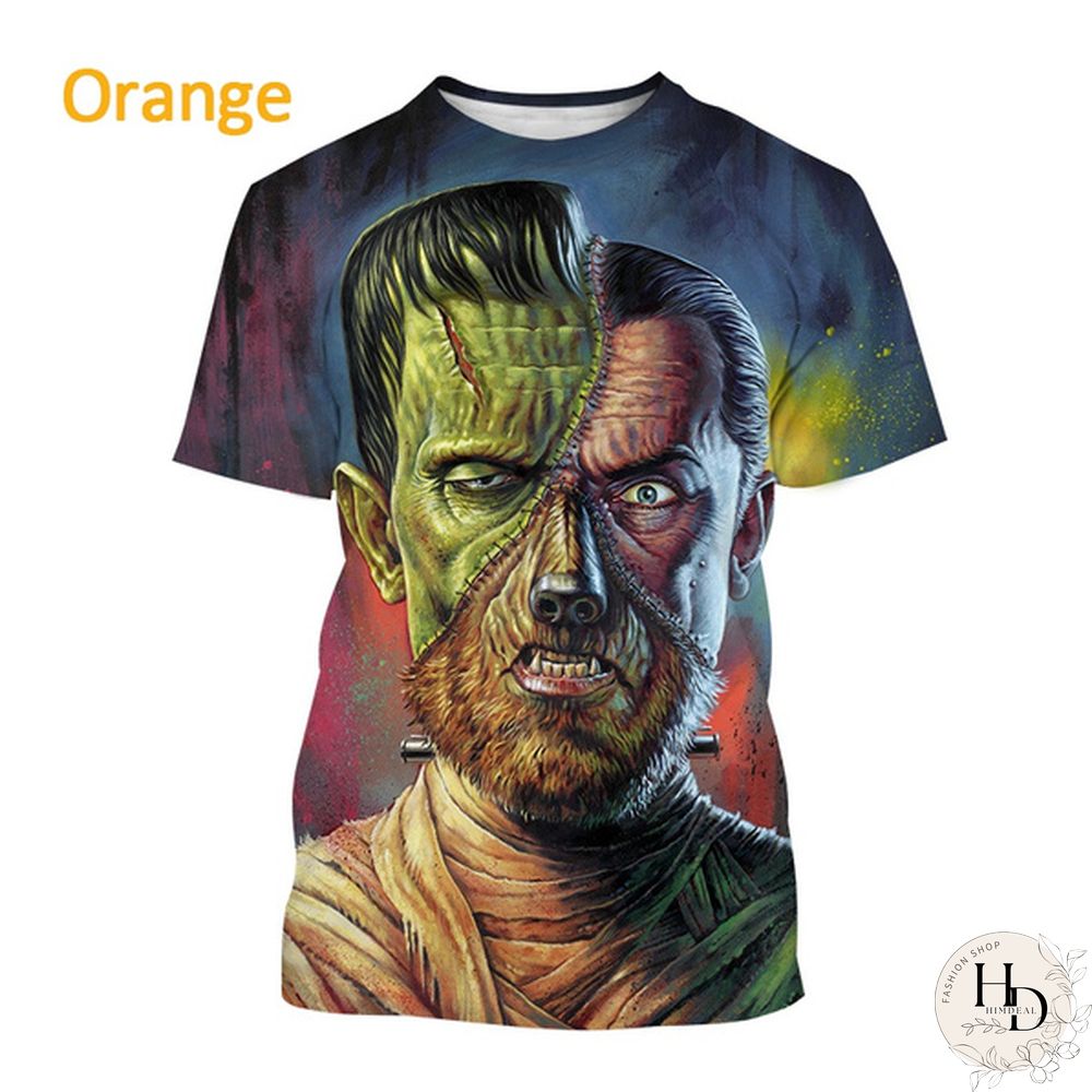 Frankenstein Short-Sleeved Shirt Mens Casual Fashion Horror Movie Harajuku Streetwear Top